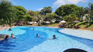 Ein Swimmingpool, umgeben von Palmen und Liegestühlen.