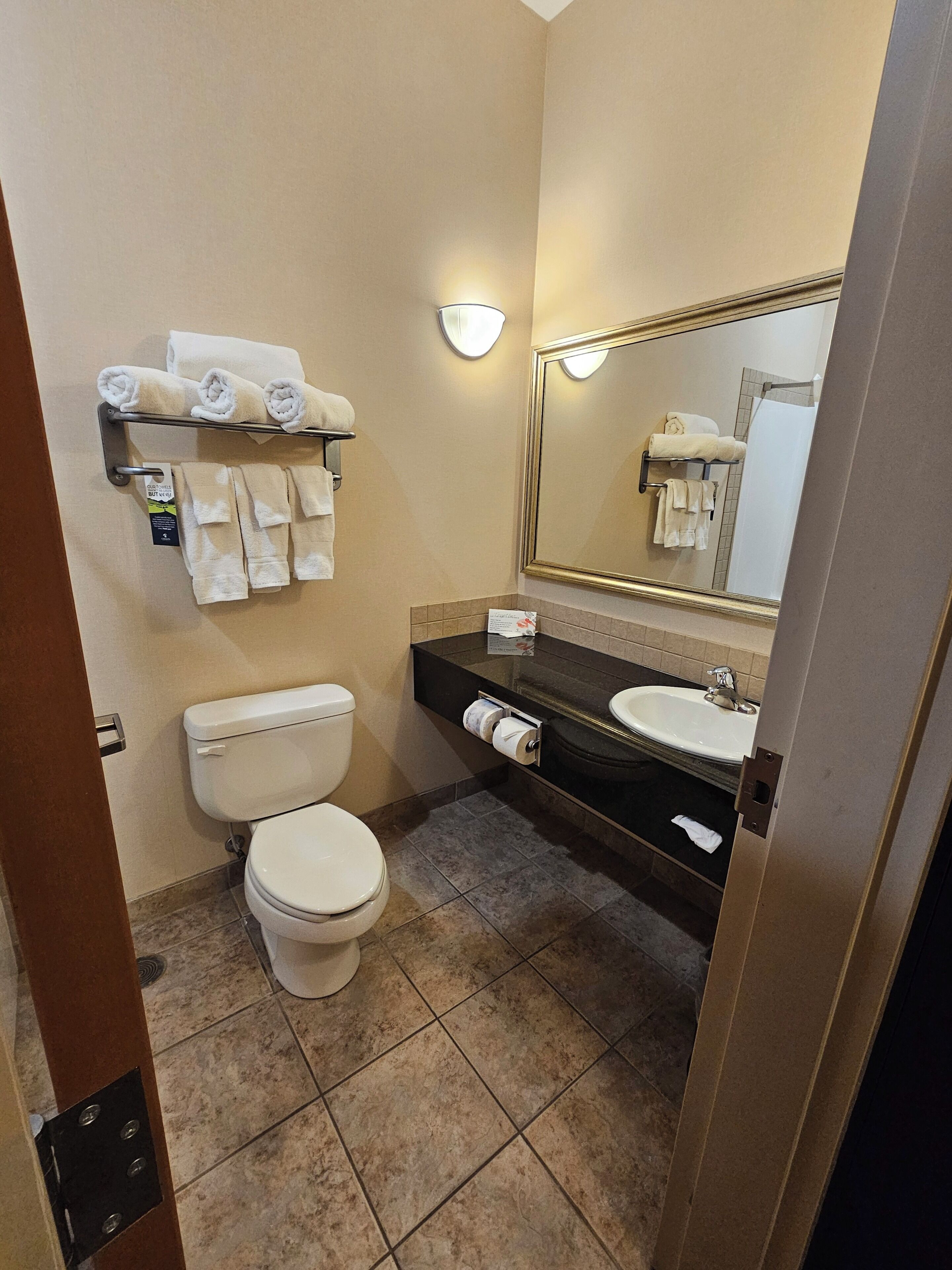Hair dryer, towels, soap, shampoo