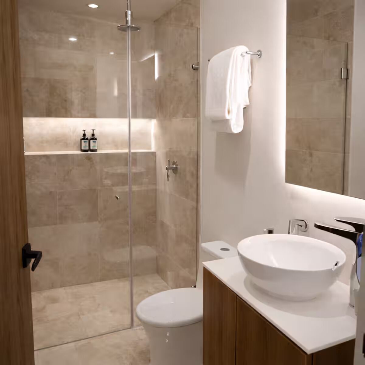 Shower, towels, soap, shampoo