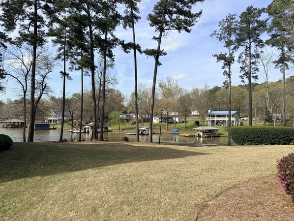 A lakeside view with tall trees, a dock, and several buildings.