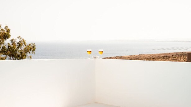 Une piscine offrant une vue dégagée sur la mer, deux verres à vin sur un balcon blanc et un arbre en arrière-plan.