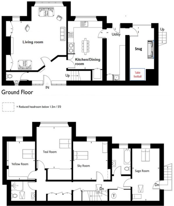 En hotelplan med stue, køkken/spiseområde, et vaskerum og et badeværelse.