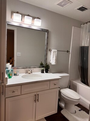 Une salle de bain avec un lavabo blanc, un miroir, des toilettes, un rideau de douche et un porte-serviettes.
