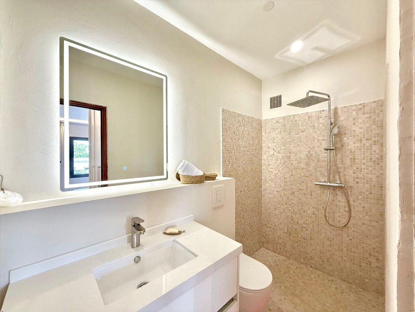 A bathroom with a white sink, a mirror, a shower, and a toilet.
