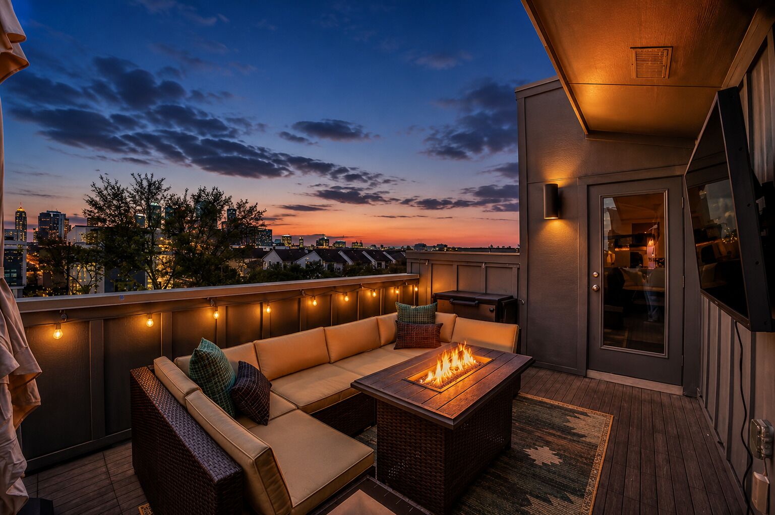 A rooftop terrace with a sofa, fire pit, and string lights.