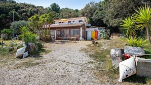 Un edificio rustico con un’insegna che indica un bar e un ristorante, immerso nella vegetazione naturale e affiancato da un vialetto sterrato.