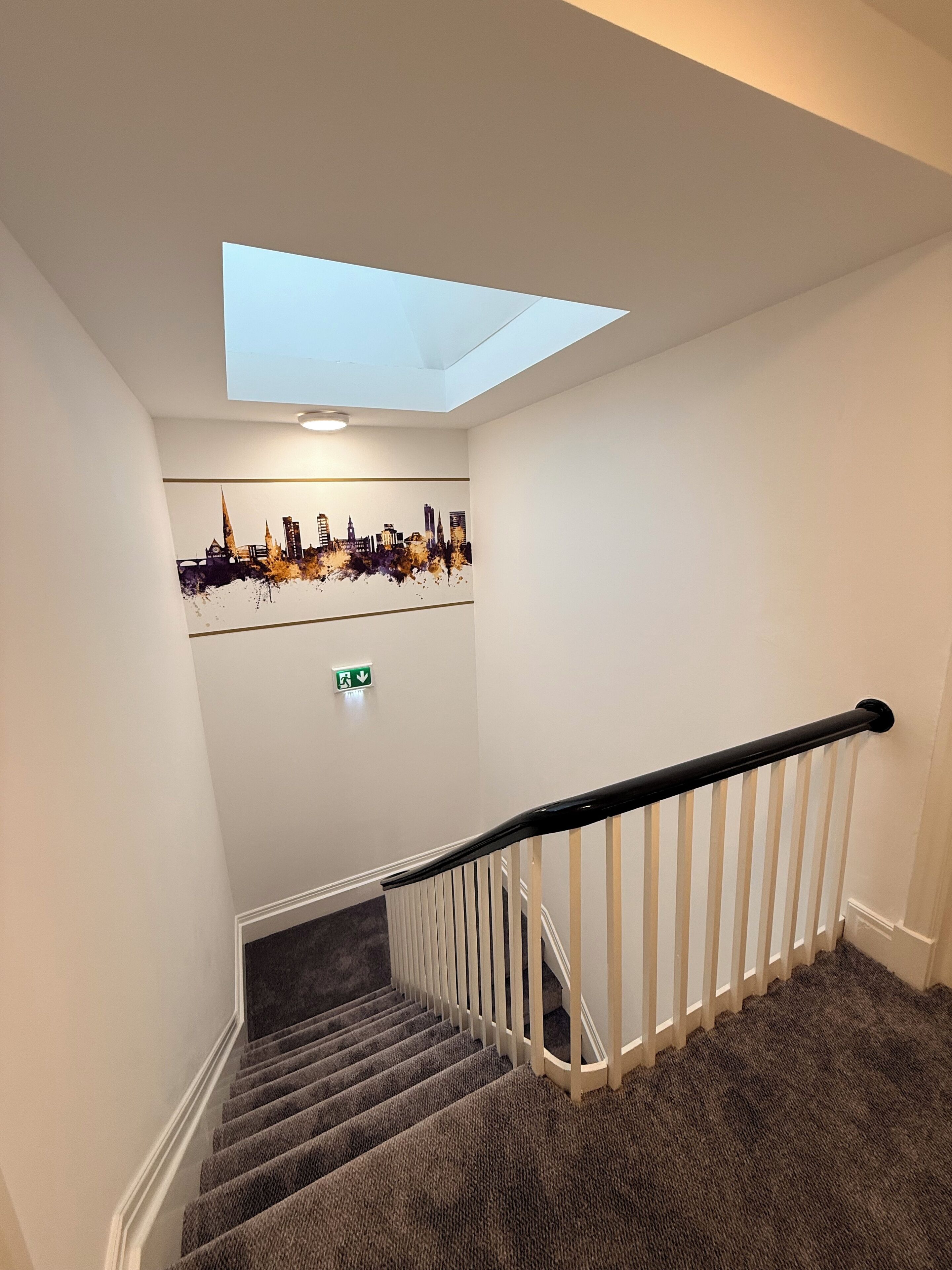 Een trap met een leuning, bekleed met tapijt, een dakraam en een stadsgezicht op de muur.