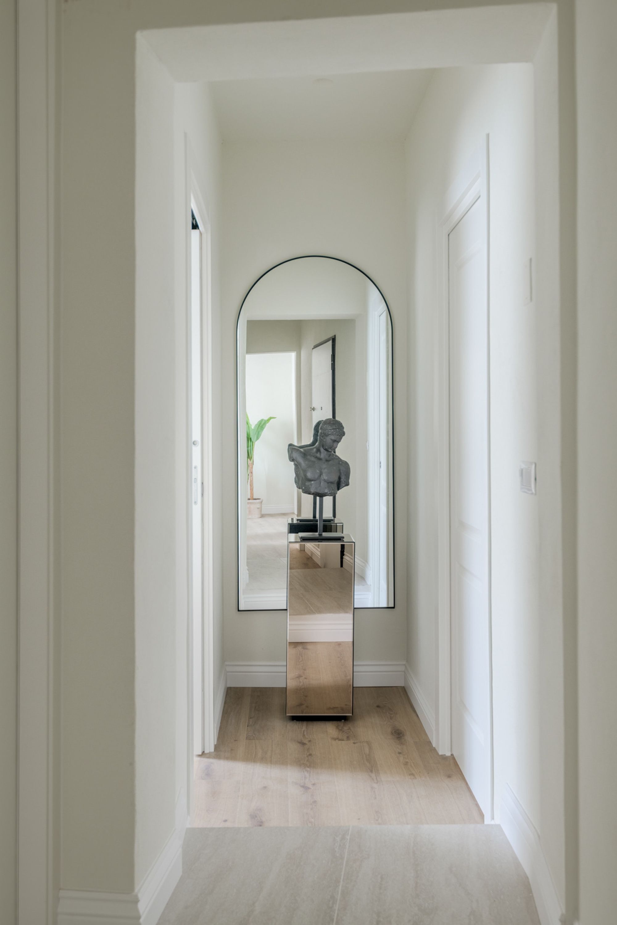 Un pasillo con un espejo que refleja un busto, una planta en maceta y una puerta.