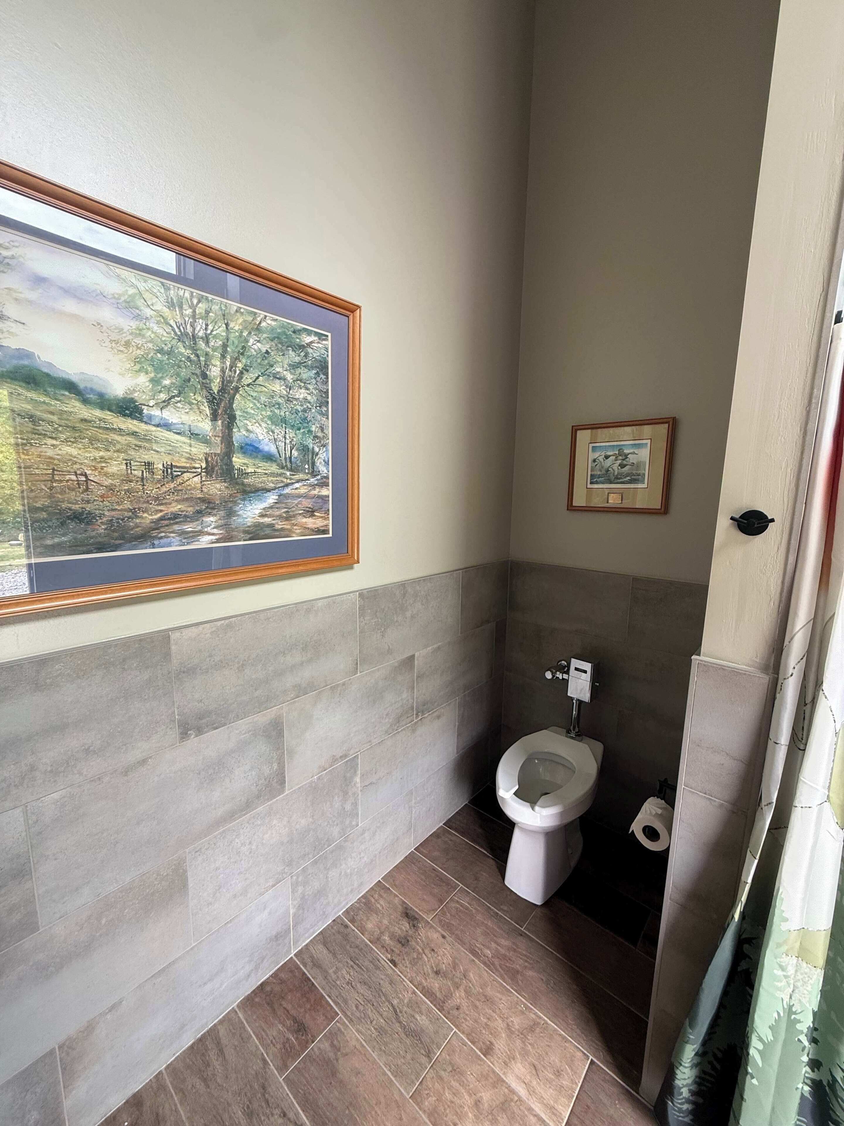 A bathroom with a toilet, a framed landscape painting, and a small framed picture on the wall.