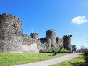 A historic stone castle with multiple towers and a drawbridge.