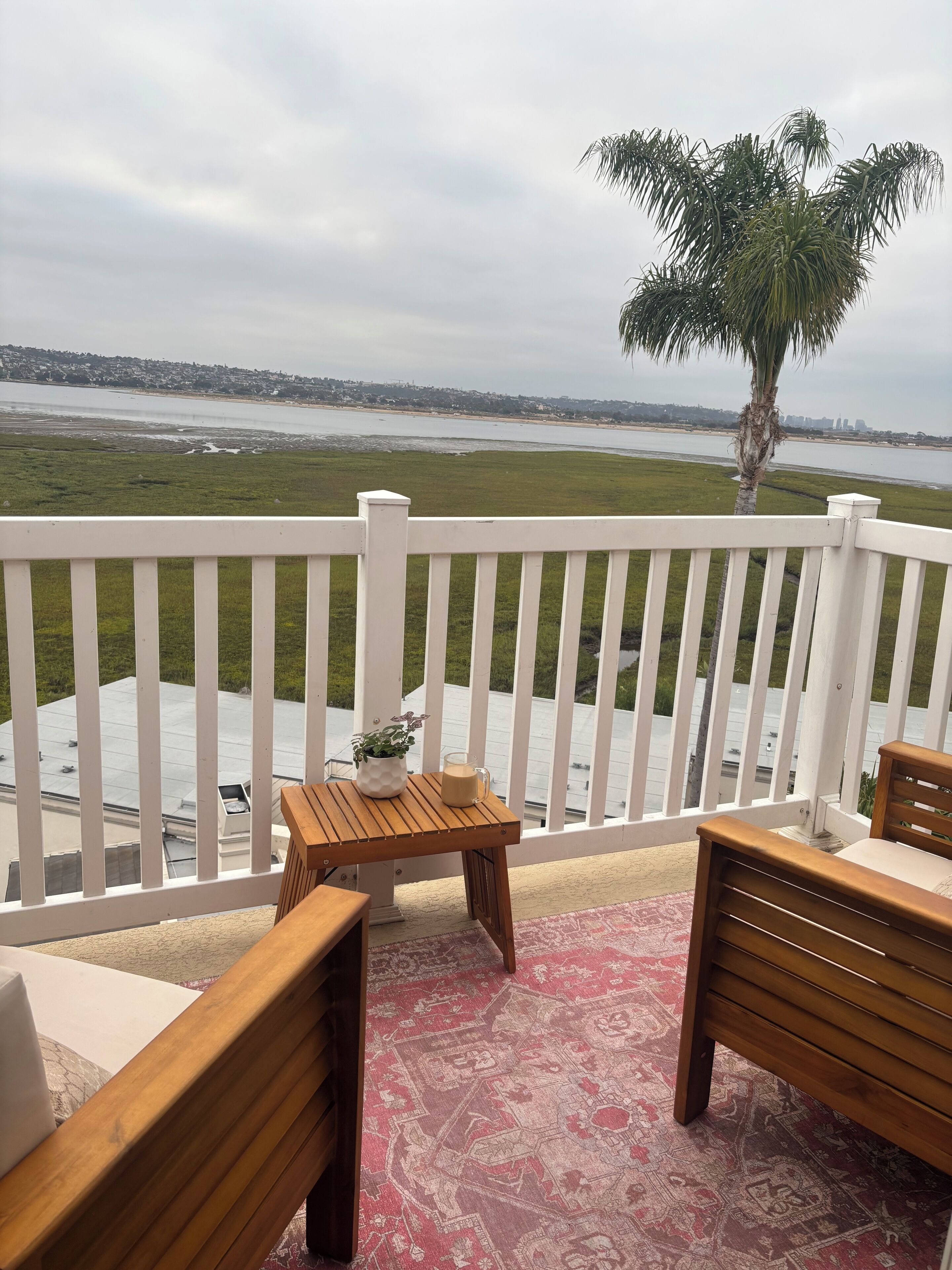 A balcony with a view of a beach and palm tree, wooden furniture, and a small table with a plant and a glass.