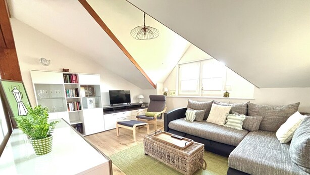 Ein Loft-Wohnzimmer mit hohen Decken, einem Fernseher, einer Couch, einem Sessel und einem Esstisch.