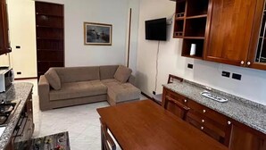 A kitchen with a dining table, sofa, and TV.
