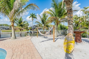 A pool area with palm trees, a hammock, and a surfboard labeled 'Ron Jon Surf Shop.' - The Splash Pad (Fort Myers Beach)