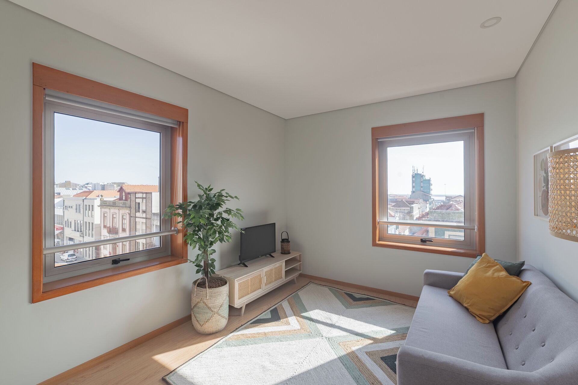 A modern living room with large windows, a grey sofa, a television, and a plant.