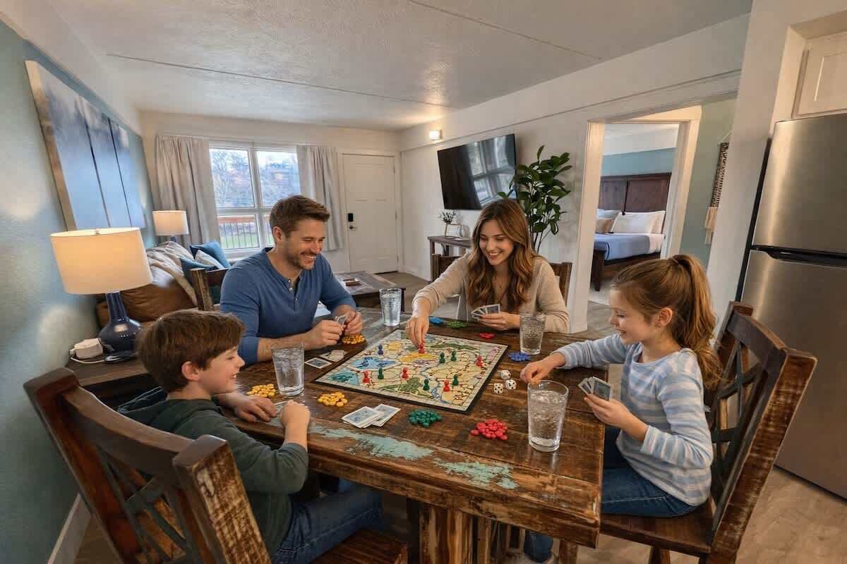 A family playing board games at a wooden dining table in a well-lit room with a TV and a refrigerator in the background.