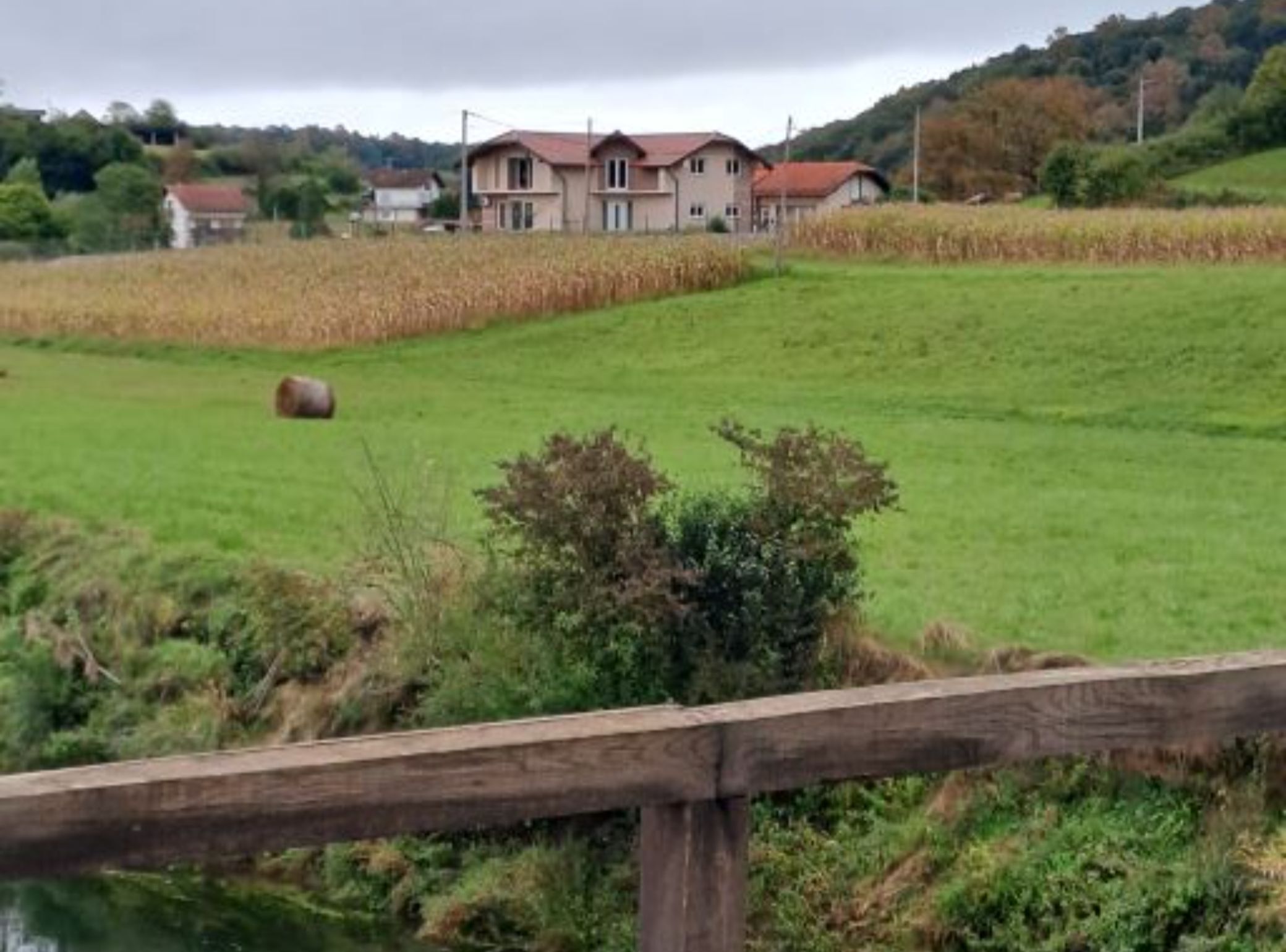Un paysage rural avec un champ, une clôture en bois et une rangée de maisons en arrière-plan.