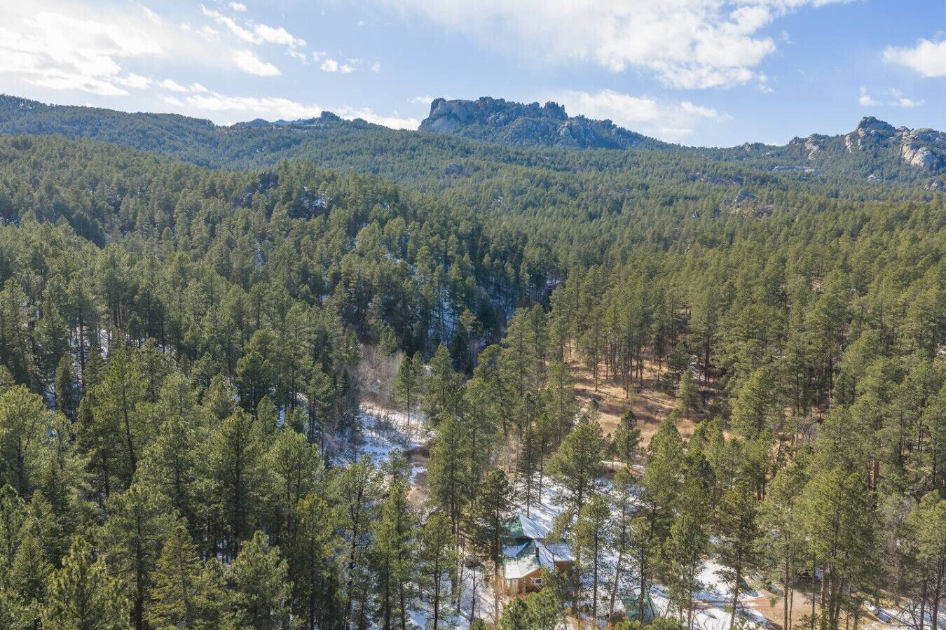 A forested mountain landscape with a cabin.