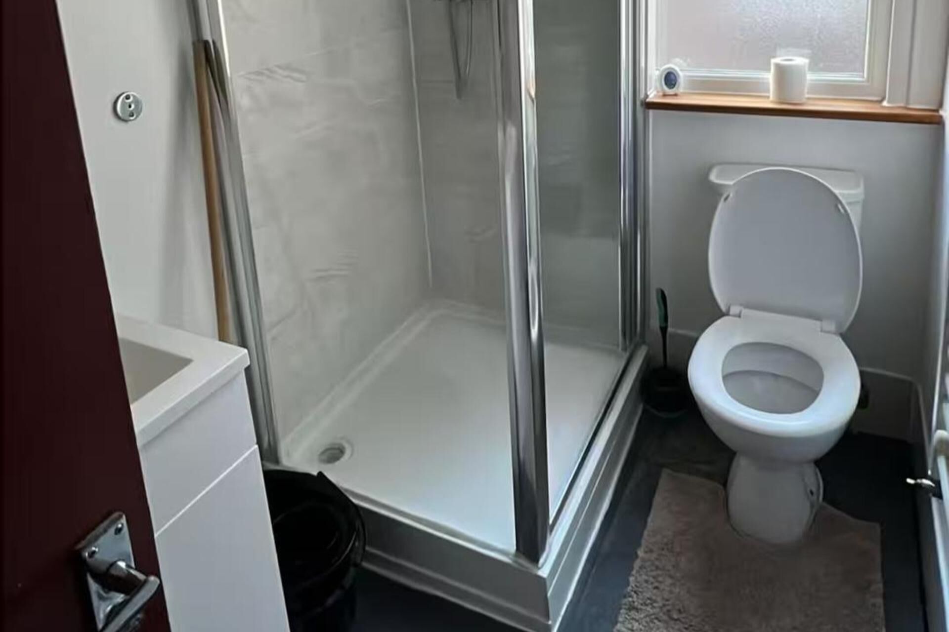 A bathroom with a glass shower enclosure, a white toilet, and a small shelf with a roll of toilet paper.