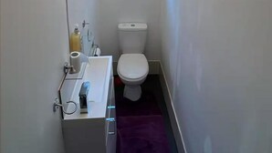 A small bathroom with a toilet, a sink with a mirror, and a purple rug. - House - Sleeps 10 - Honor Oak Park Station 2 Mins Walk (London)