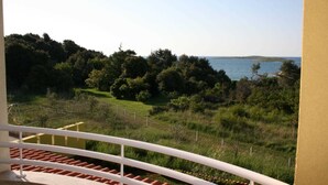 Een balkon met uitzicht op een kustlandschap, met bomen en een waterlichaam.