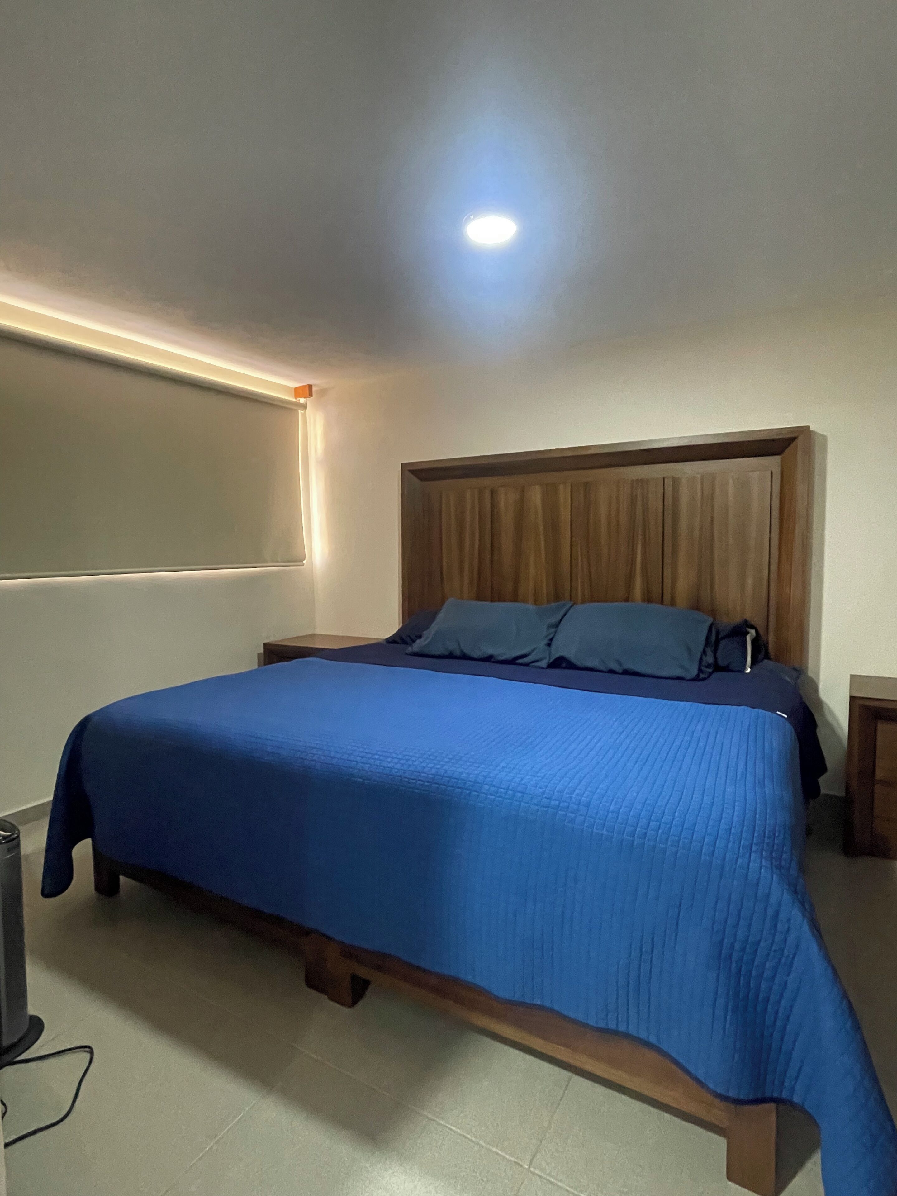 A bedroom with a bed, wooden headboard, bedside tables, and a ceiling light.