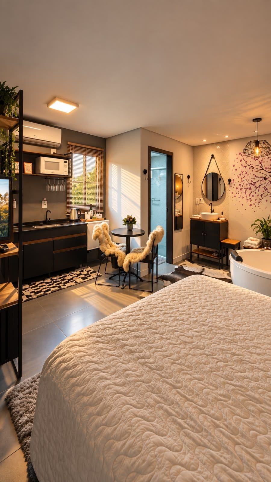 A modern bedroom with a large bed, a desk, and a kitchenette area.
