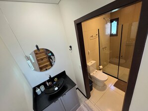 Quadruple Room, Balcony | Bathroom | Hair dryer, soap, shampoo, toilet paper