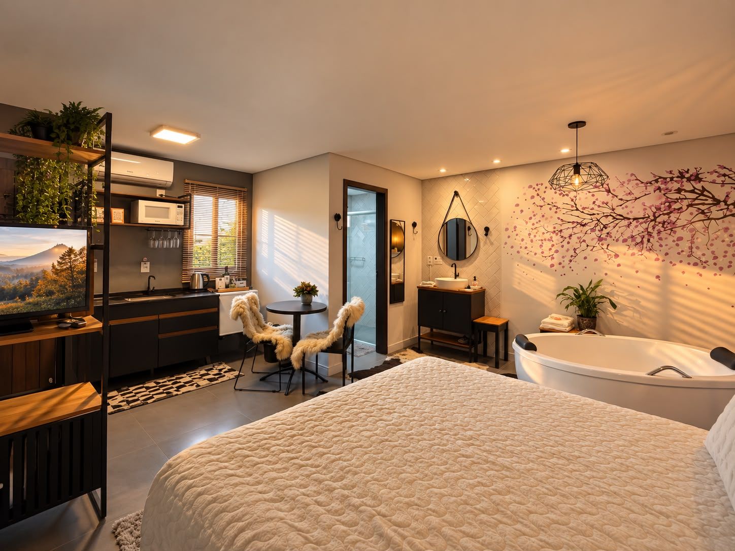 A modern bedroom with a large bed, a desk with a computer, a chair, a bathroom with a bathtub, and a wall-mounted mirror.