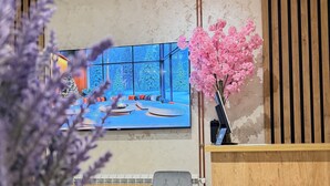 Un intérieur moderne avec une grande fenêtre, un comptoir d’accueil en bois, un fauteuil rembourré de couleur grise et une plante en pot.
