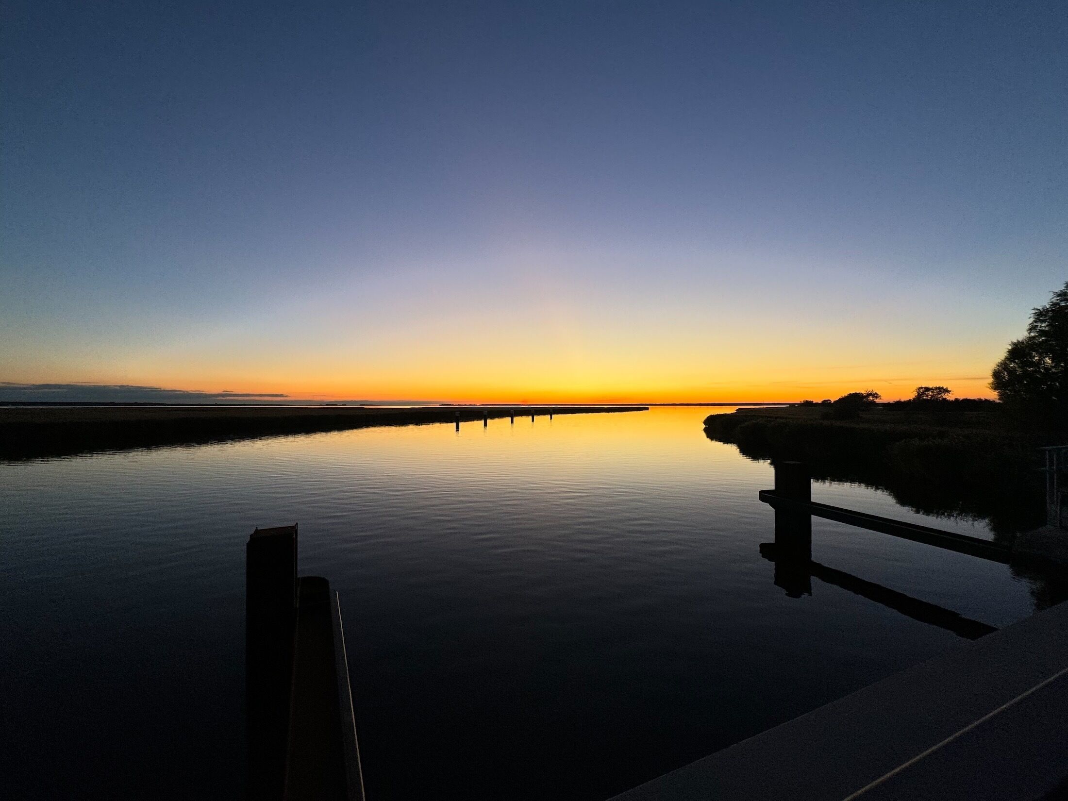A calm body of water with a pier extending into it, surrounded by vegetation.