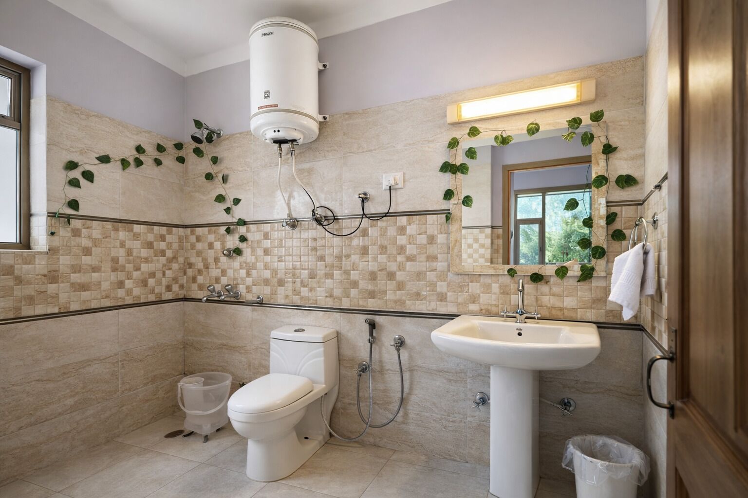 Ein Badezimmer mit Toilette, Waschbecken, Dusche und einem an der Wand montierten Warmwasserbereiter.