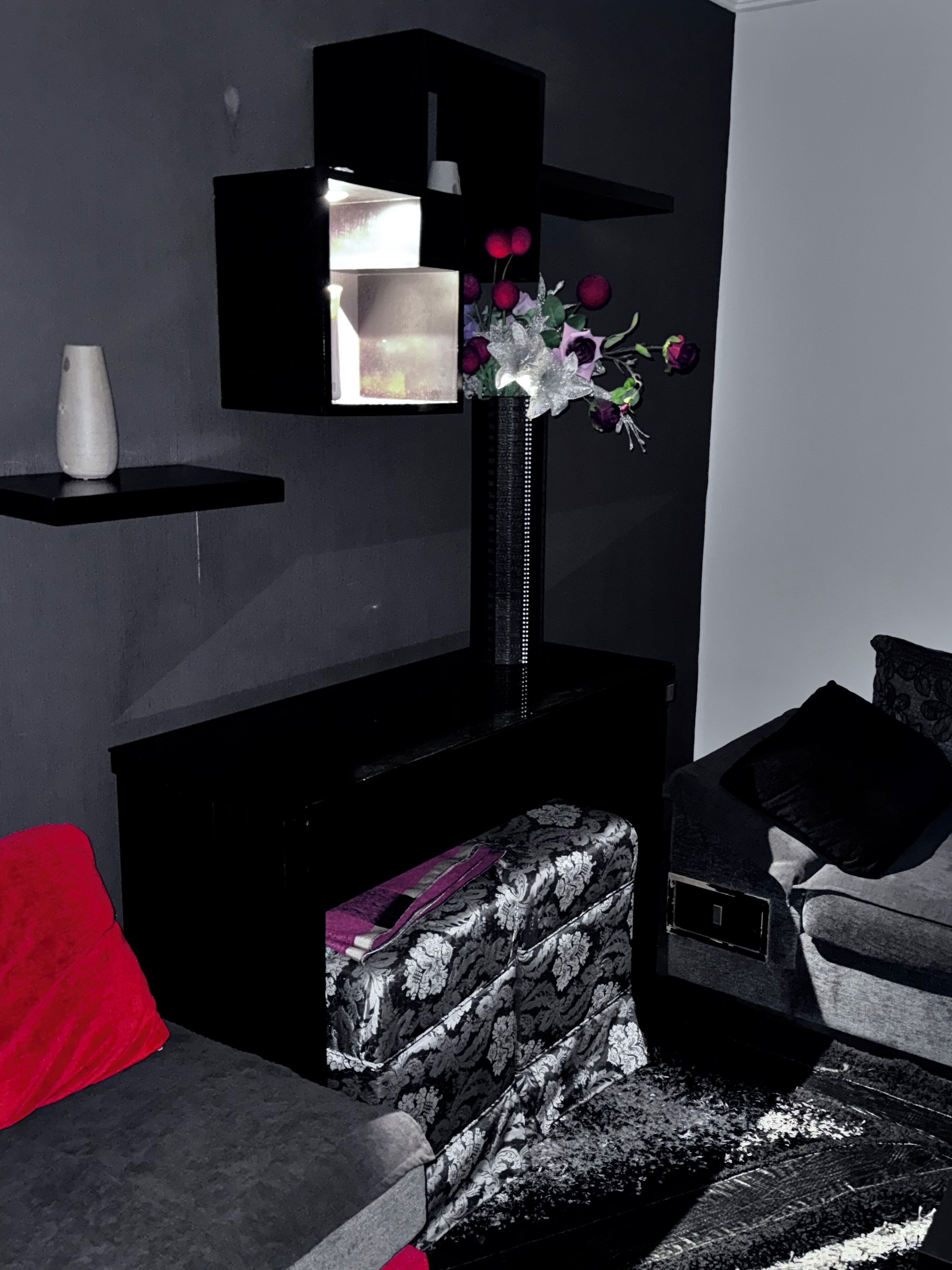 Ein modernes Wohnzimmer mit einem schwarzen Sofa, einem roten Kissen, einem gemusterten Hocker, einem schwarzen Couchtisch, einem schwarzen Bücherregal und einer Vase mit Blumen.
