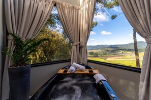 Une salle de spa avec un jacuzzi, des rideaux, une plante en pot et une vue sur la campagne.