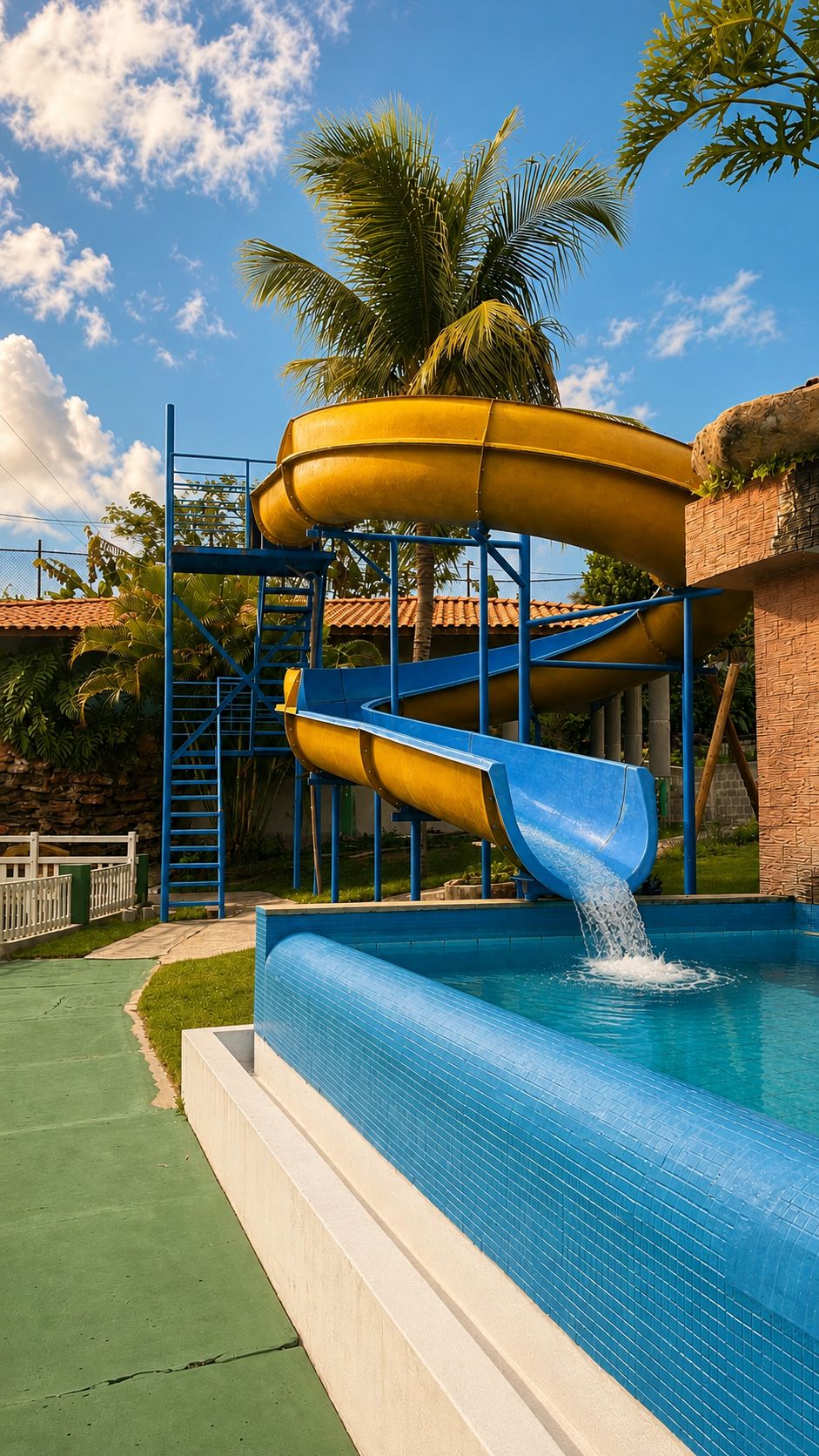 A water slide structure with a blue and yellow slide, leading into a pool.