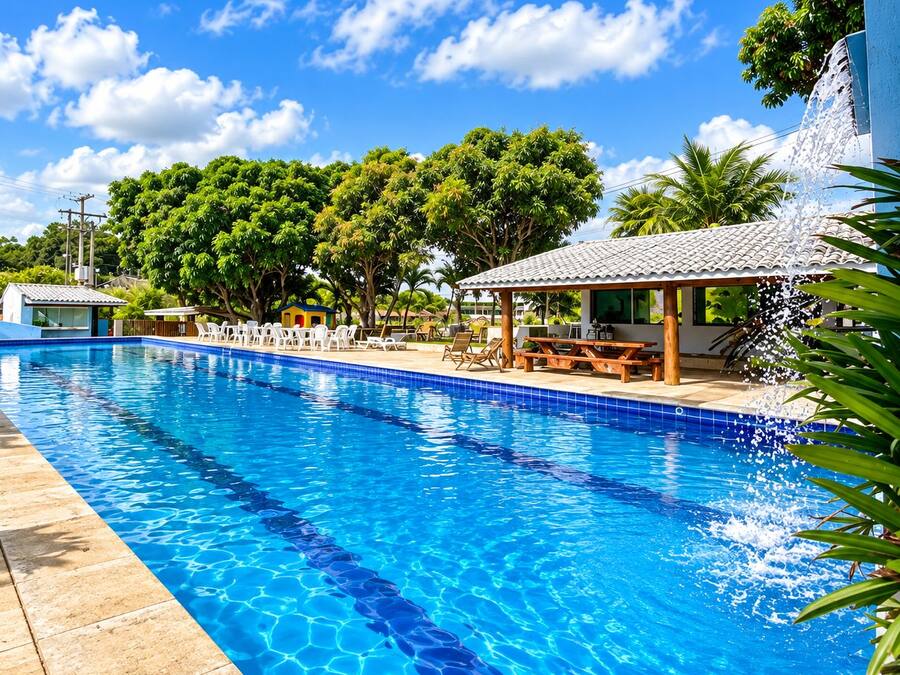 A swimming pool with clear blue water, surrounded by lounge chairs, a covered seating area, and lush greenery.