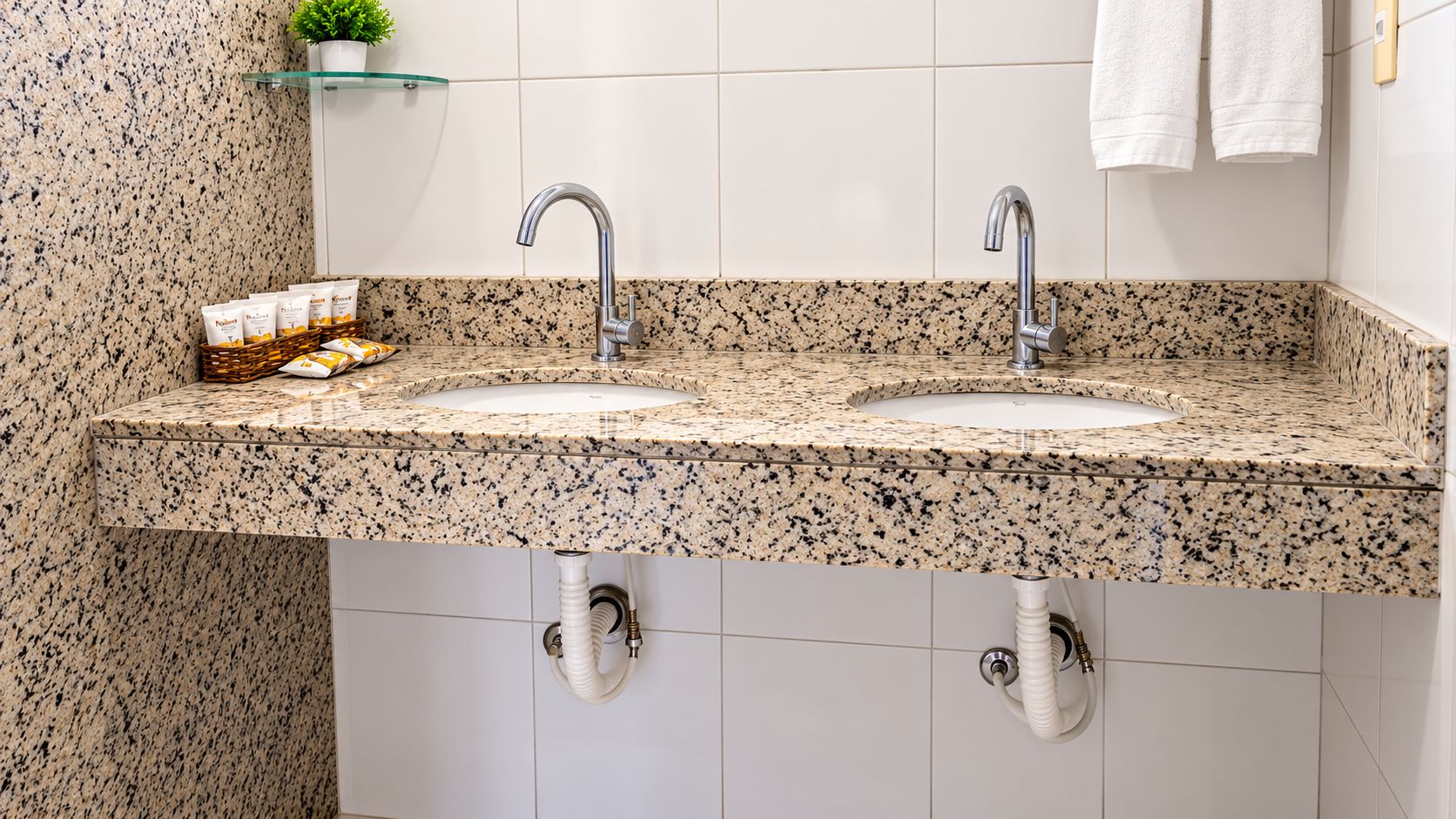 A bathroom with two sinks, a glass shelf with toiletries, and a plant.