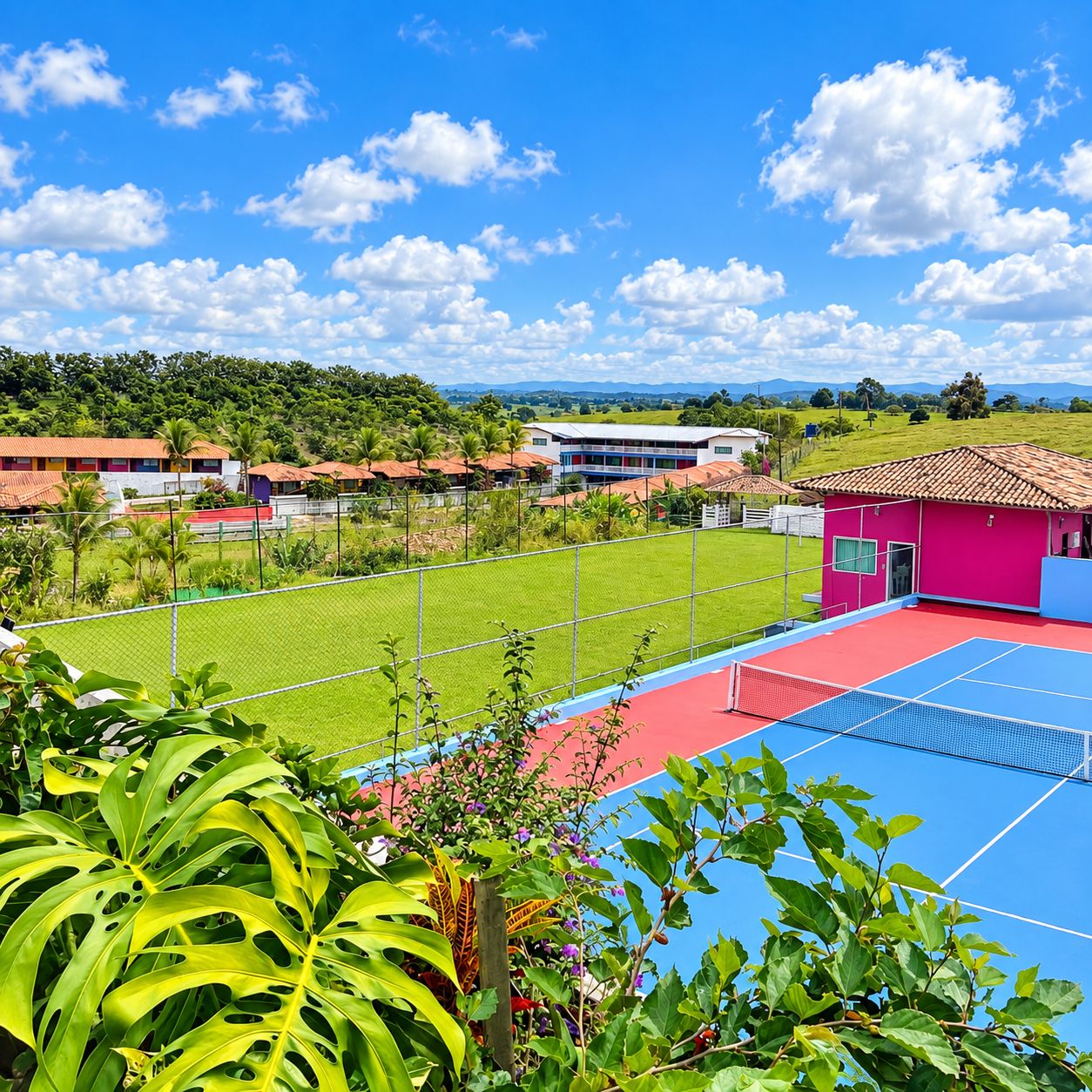 A tennis court with a red and blue surface, surrounded by greenery and a pink building.