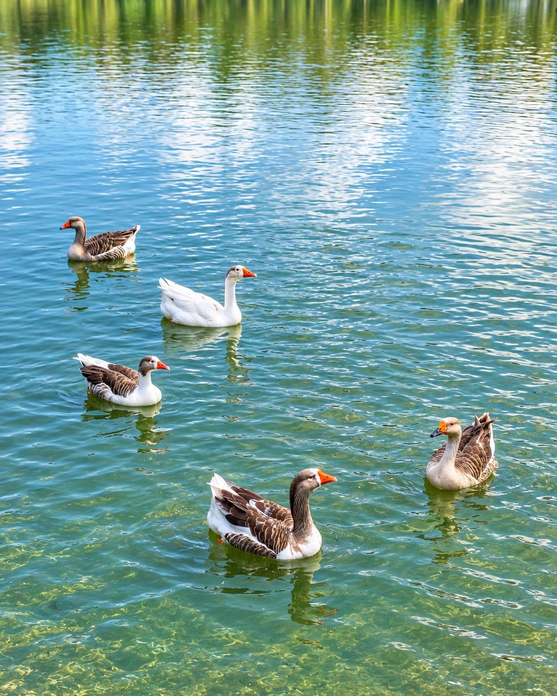 A group of ducks swimming in a clear body of water.