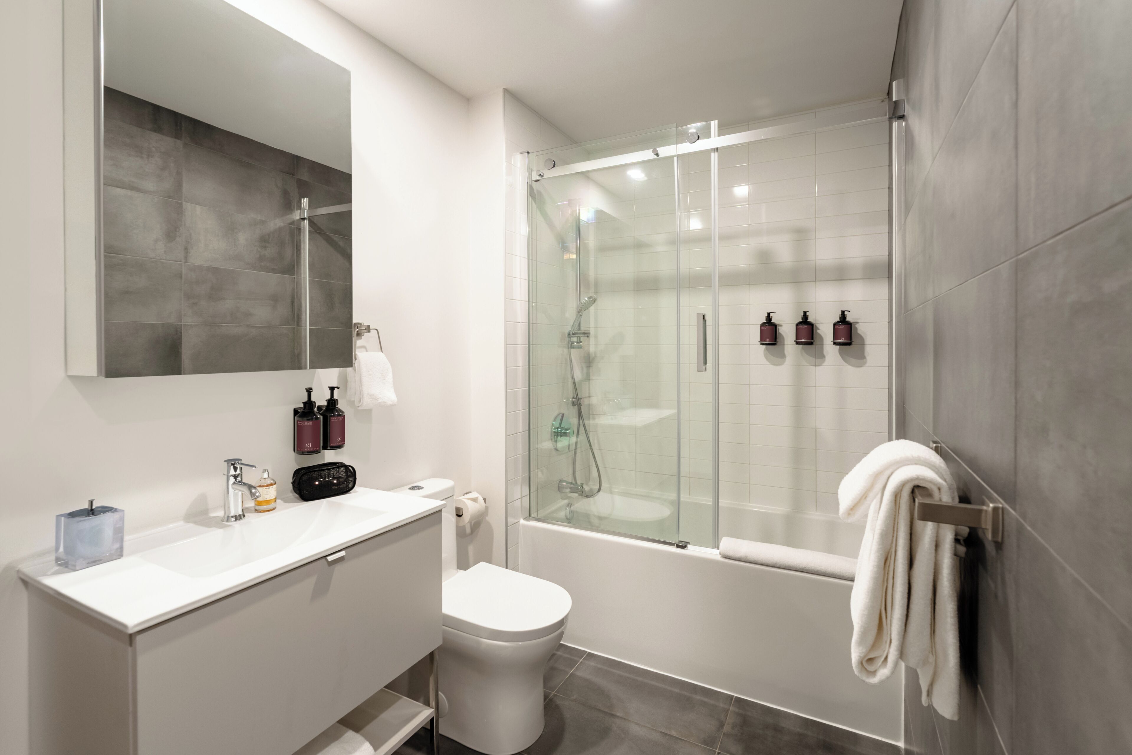 Une salle de bain moderne avec une douche à parois de verre, un lavabo blanc et des toilettes.