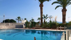 Une piscine dont le bord est recouvert de carreaux, entourée de palmiers et délimitée par une clôture.