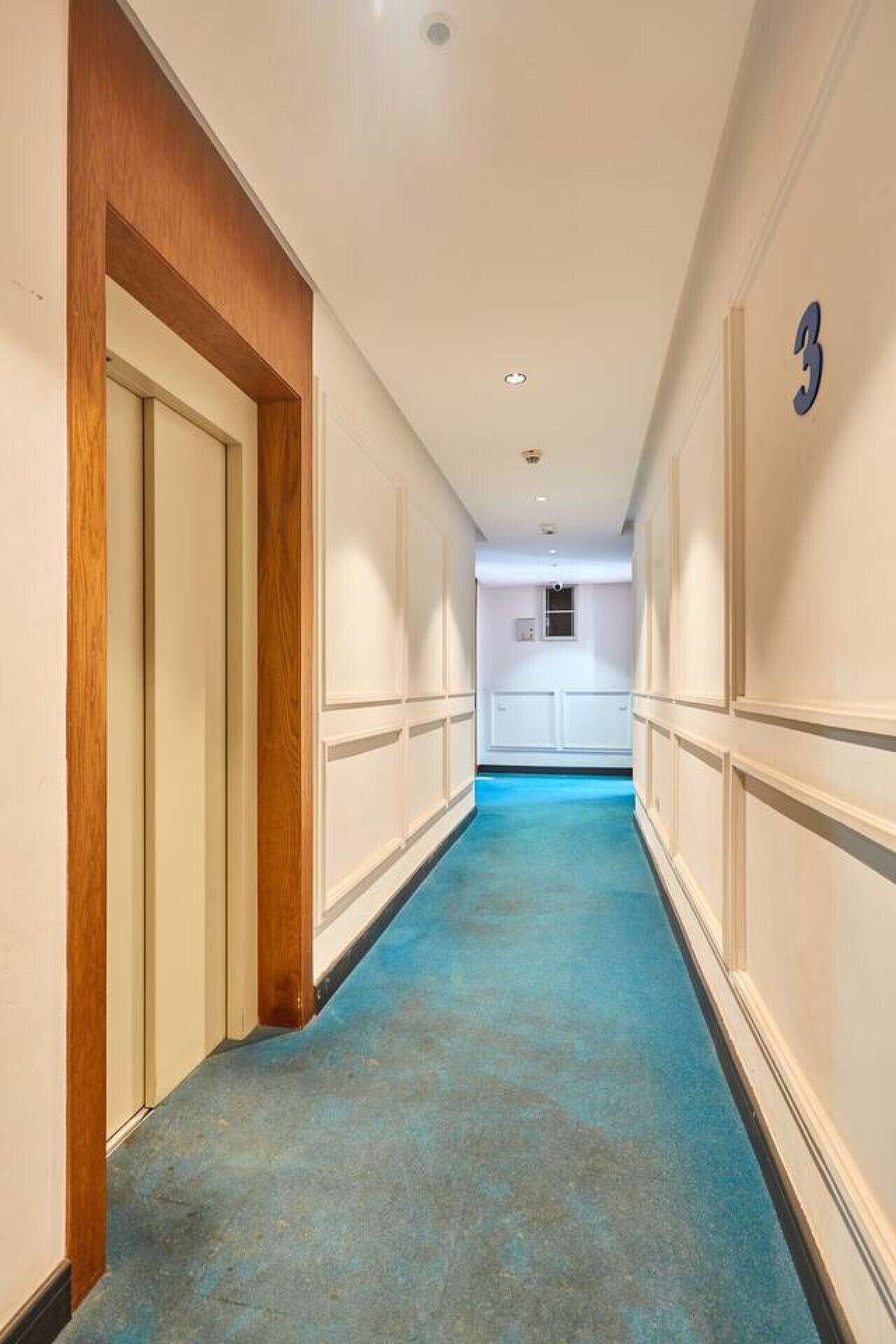 Un pasillo con alfombra azul, paredes blancas y una puerta de madera a la izquierda.
