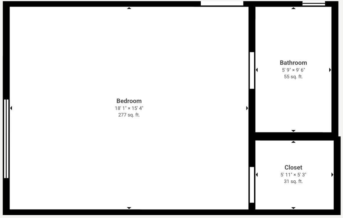 A floor plan with a bedroom measuring 18'1' x 15'4' (277 sq. ft.), a bathroom measuring 5'9' x 9'6' (55 sq. ft.), and a closet measuring 5'11' x 5'3' (31 sq. ft.).