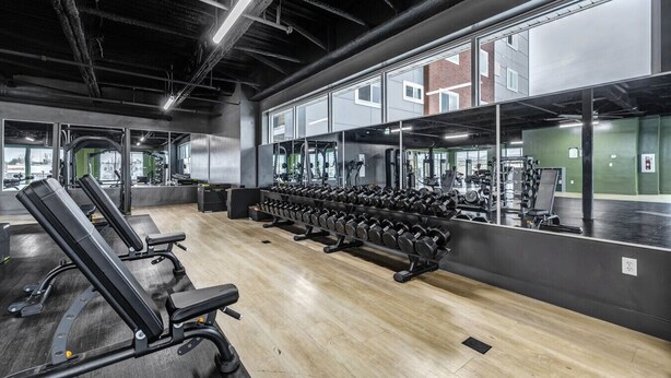 Uma academia com equipamentos de musculação, espelhos e piso de madeira.