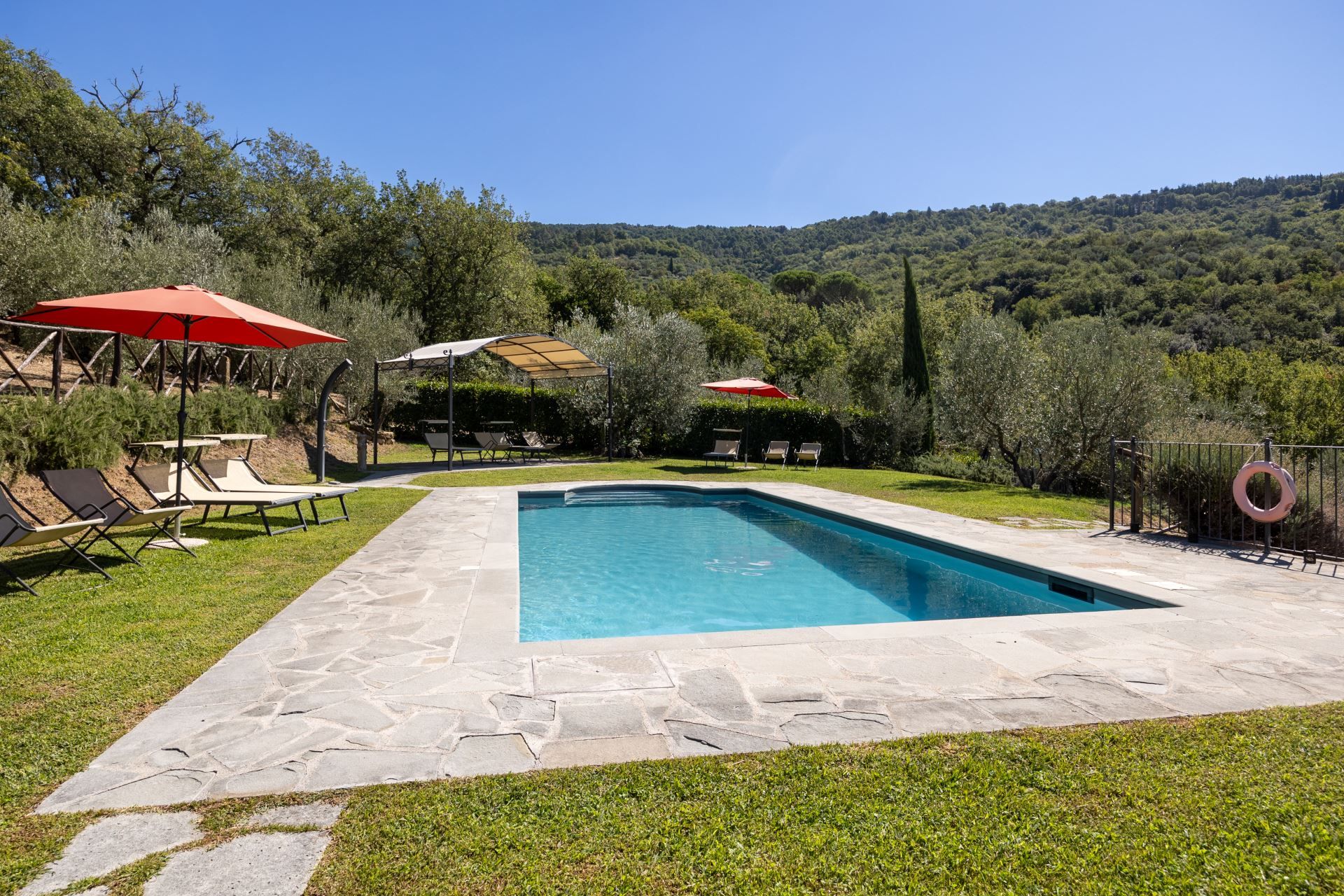 A rectangular swimming pool with a stone deck, surrounded by grass and shaded by umbrellas.
