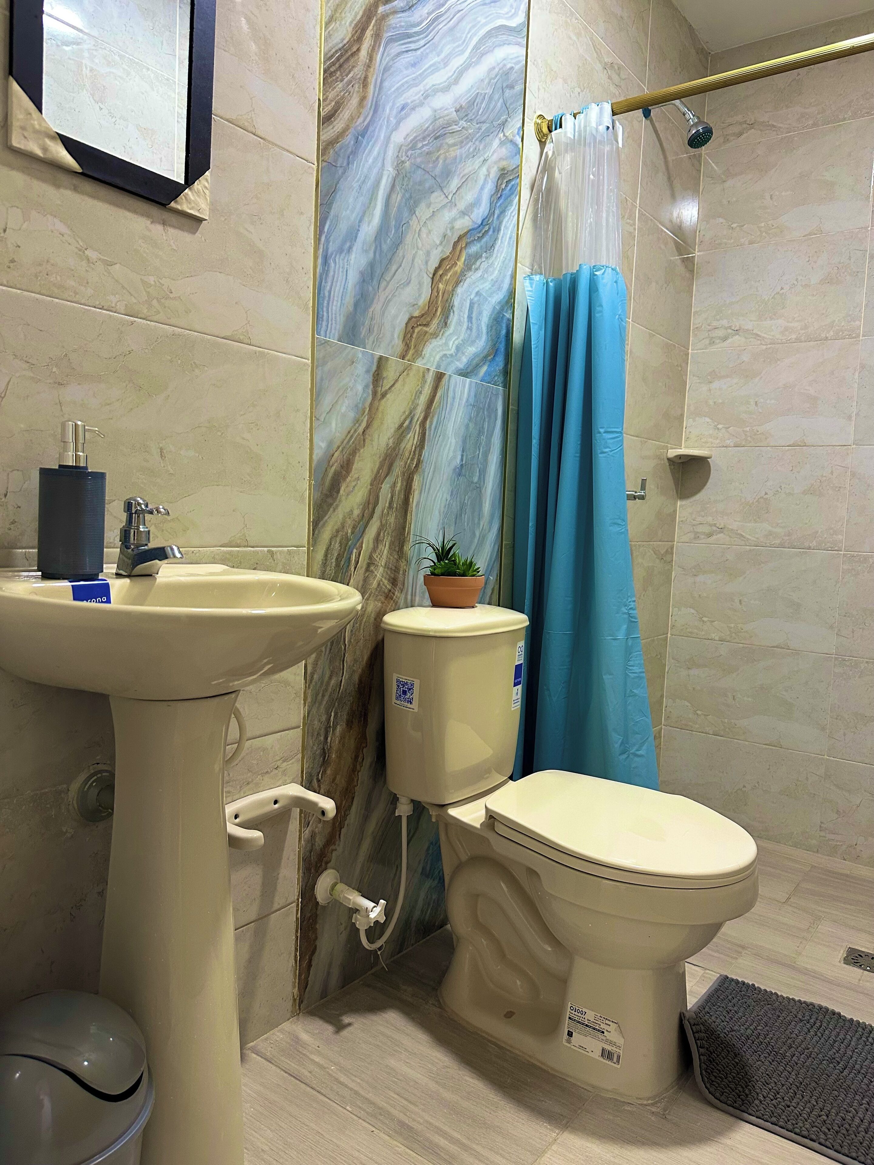 Shower, towels, soap, toilet paper