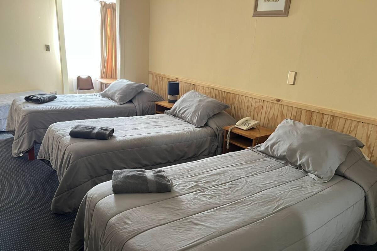Dos camas individuales con ropa de cama gris, un cabecero de madera, una mesita de noche con un teléfono y una ventana con cortinas.