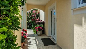 A corridor with a tiled floor, a black mat at the entrance, and potted plants with pink flowers. - 1 bedroom nice apartment in Barbat (Barbat)