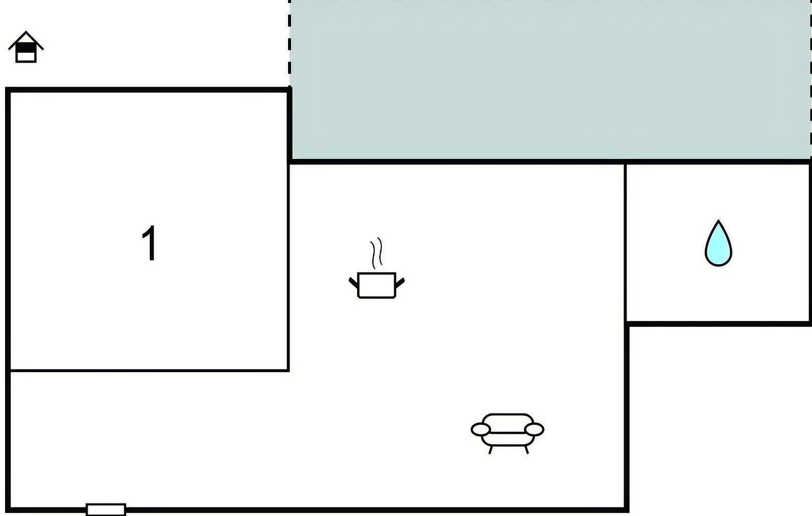 En planlösning med ett stort centralt område som är markerat med siffran ’1’, ett litet pentry, en toalett och en duschhörna.