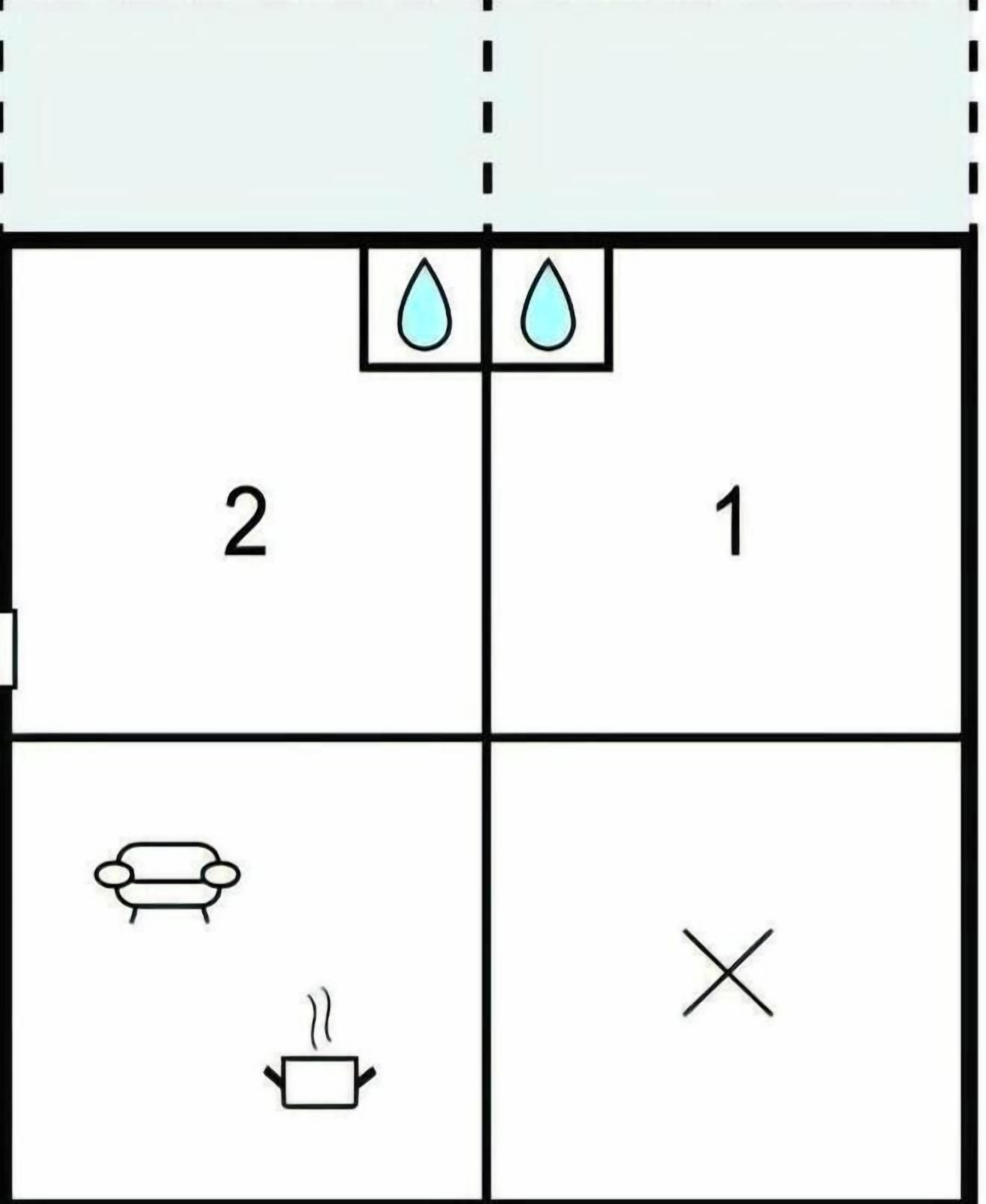 Een plattegrond van een kamer met twee genummerde secties, een bank, een heater en een doorgehaald gebied.